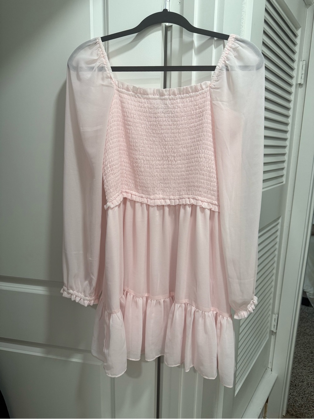 1. State Light Pink Smocked Bodice Long Sleeve Mini Dress